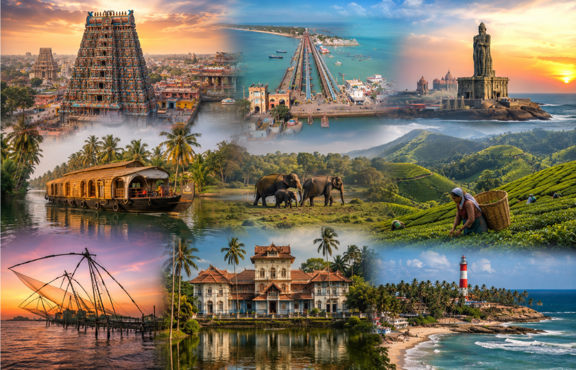Madurai 1N – Rameshwaram 1N – Kanyakumari 1N – Trivandrum 1N – Alleppy 1N – Thekkady 1N – Munnar 1N - Cochin 1N