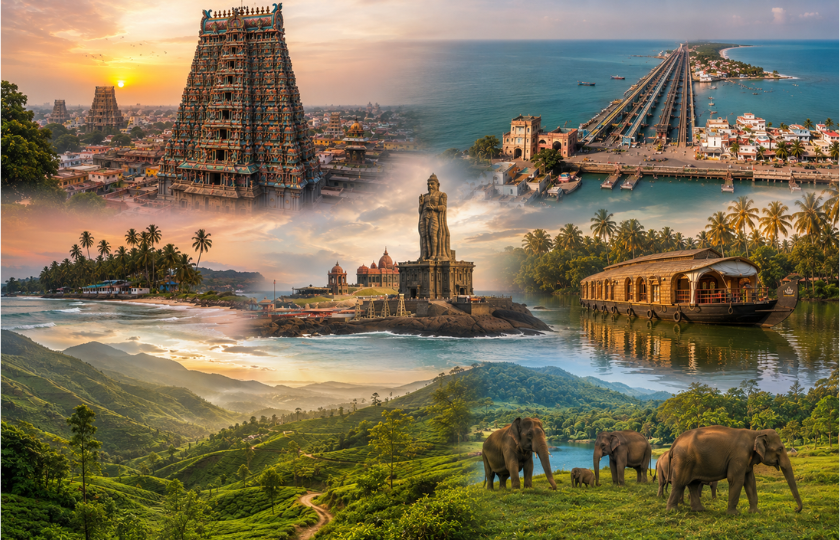 Madurai 1N – Rameshwaram 1N – Kanyakumari 1N – Kovalam 2N – Alleppy 1N – Thekkady 1N – Munnar 2N