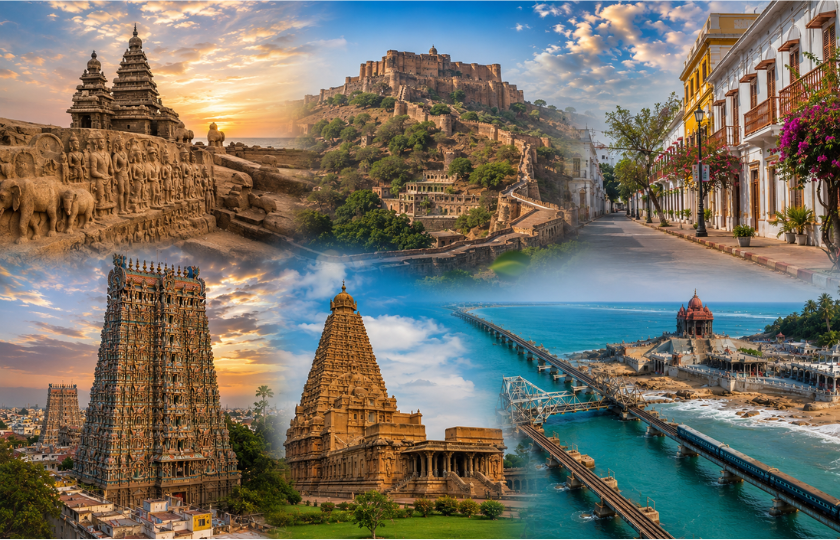 Mahabalipuram 1 – Vellore 1 – Pondicherry 1 – Thanjavur 2 – Rameshwaram 1 – Madurai 1 