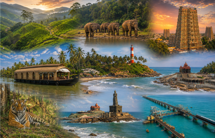 Munnar 2 –Thekkady 1N – Alleppey 1N – Kovalam 2N – Kanyakumari 1N – Rameshwaram 1N – Madurai 1N