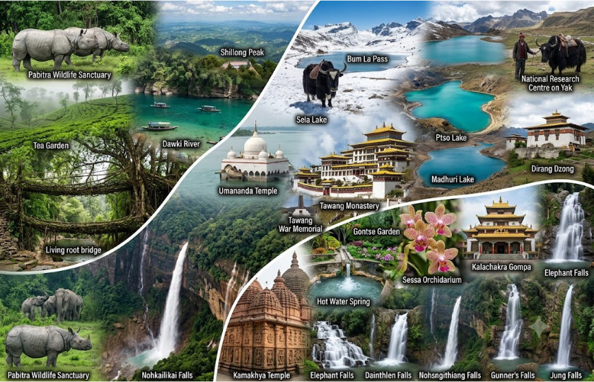 Guwahati 2N – Bomdila 1N - Tawang 2N – Dirang 1N - Kaziranga 2N - Shillong – 2N