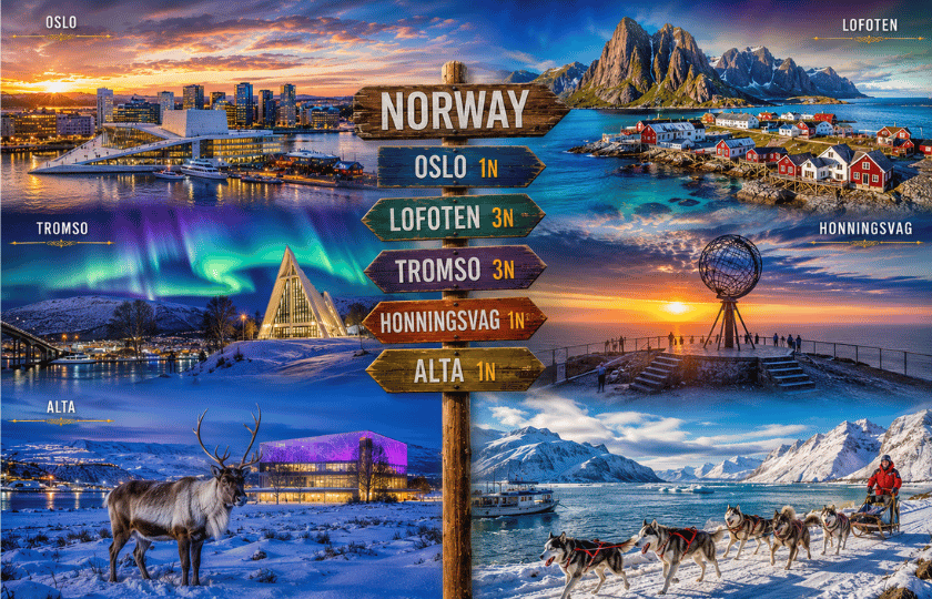 Oslo 1N - Lofoten 3N - Tromso 3N - Honningsvag 1N - Alta 1N 