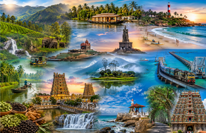 Munnar 2N - Thekkady	1N - Alleppey 1N - Kovalam	2N - Kanyakumari	1N - Rameshwaram 2N - Kodaikanal 2N - Madurai 1N
